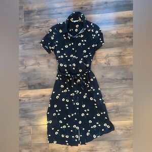 Popsugar Floral Button Midi Dress XS Black Yellow Print Belted Summer Chic